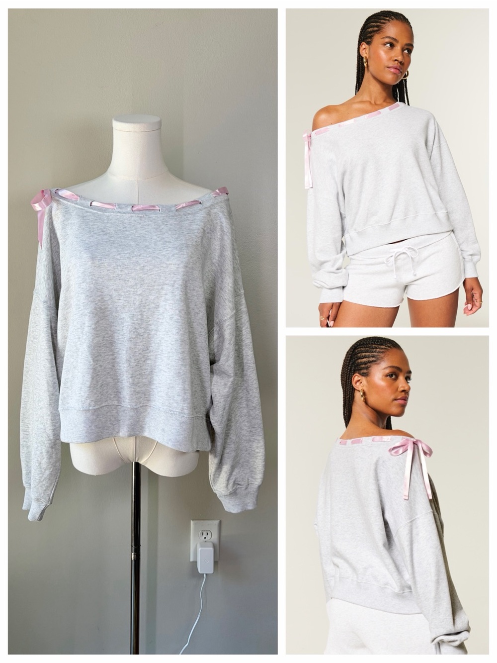 Hollister Light Heather Gray Off-the-Shoulder Pink Ribbon Tie Bow Sweatshirt